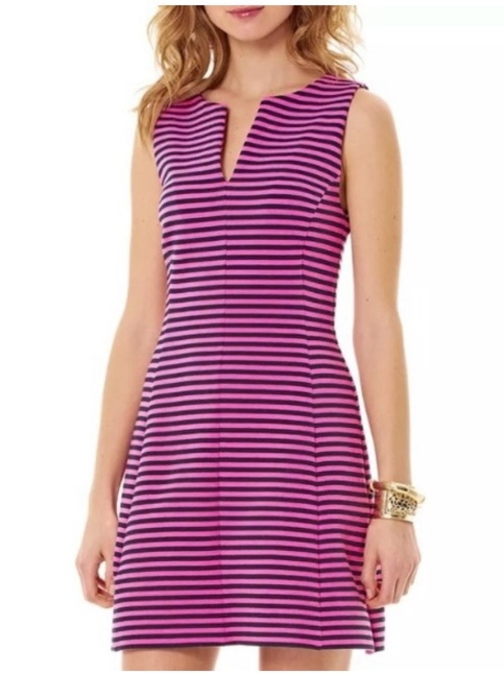 Lilly Pulitzer Brielle Ottoman Stripe Fit & Flare Dress Womens Size L Hotty Pink